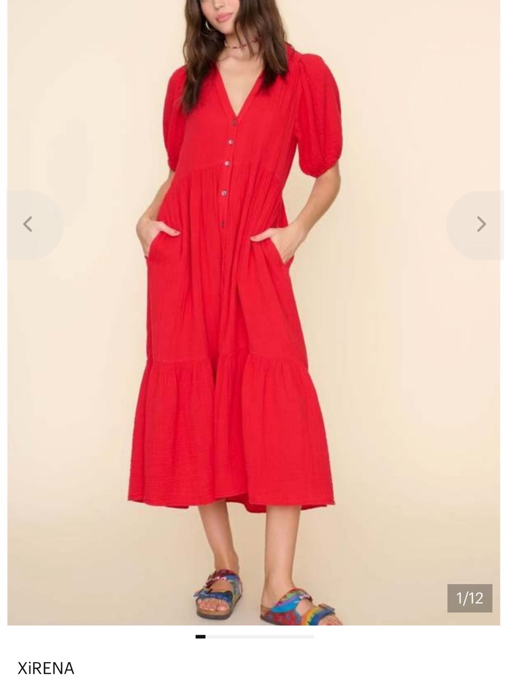 XiRENA Dress Red Small Lennox  Button-Front Puff Sleeve Midi Dress Cotton Gauze